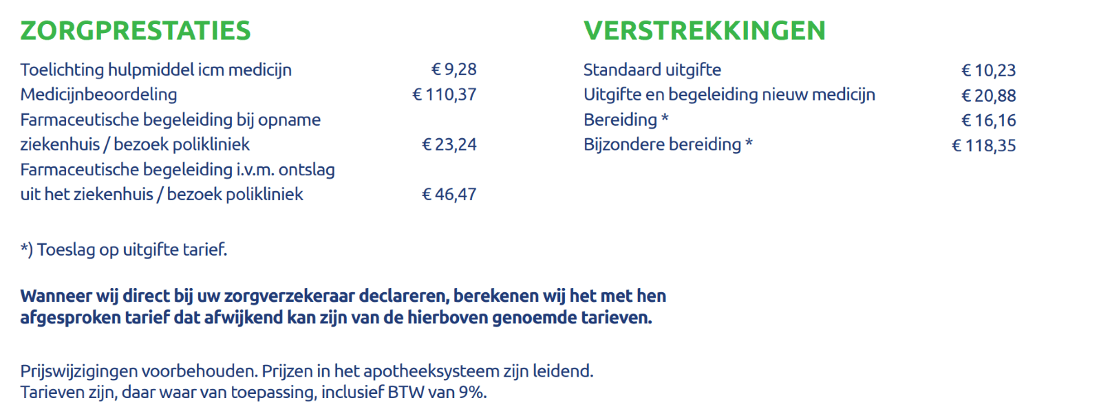 Zorgtarieven 2025 BENU Apotheken